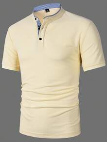 Manfinity Homme 男士半開襟休閒商務 Polo 衫，極簡設計，適合夏季與儀式場合 - 鵝黃色 - 查看 7