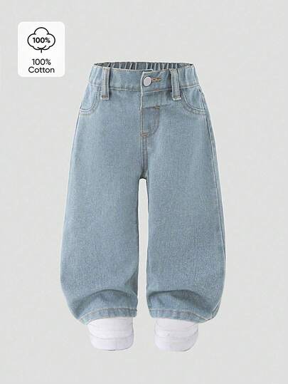 SHEIN Playful Pals Quần jean ống rộng cạp chun cho bé gái