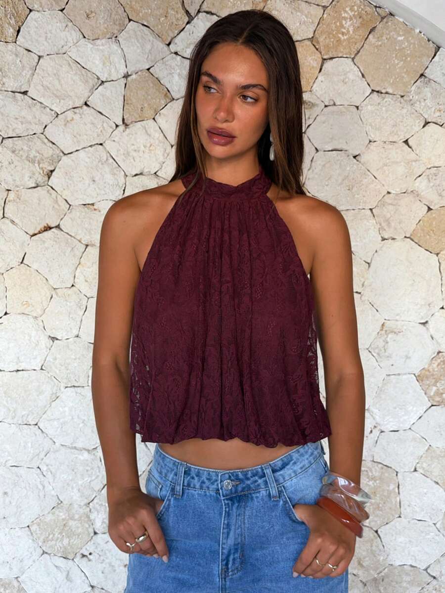 Aloruh Women's Elegant Solid Color Lace Halter Top, Summer Top,Wedding Guest, Party Top