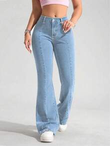 Jeanoix Jeans de mezclilla con estiramiento de talla grande para mujeres, estilo europeo y americano, nueva llegada, estilo vintage de cintura alta y pierna acampanada, sexy conjunto vaquero ajustado para mujeres - Lavado ligero - Ver 1