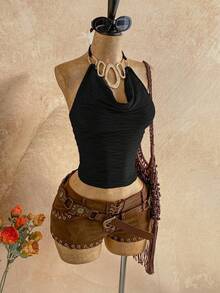 Soleia Spring/Summer New Casual Vacation Western Beach Wedding Guest Attire Graduation Brunch St. Patrick's Day Spring Break Easter Music Festival Elegant Bohemian Tropical Halter Backless Tie Strap Metal Decor Party Valentine's Date Deep V Neck Women Tank Top - Black - View 4