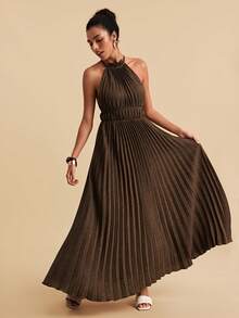 Travachic Women's Spring/Summer Elegant Sexy Commuting Travel Pleated Halter Tie Waist Dress Golf Pastal - Coffee - View 3