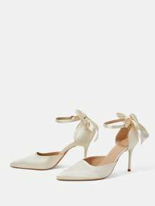 CUCCOO HITCHD Zapatos de mujer primavera y verano con decoración de lazo, punta con hebilla y tacón de aguja, estilo elegante de satén, sandalias de tacón alto para mujer para banquetes, fiestas, citas, ir al trabajo, compras, bodas, festivales y regalos - Beige 5 - Ver 3