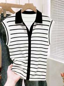 Qadelle New Spring And Summer Fashion, Casual And Simple Commuting Black And White Short-Sleeved Shirt With Contrasting Colors - Multicolor - View 3