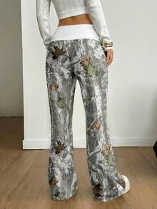 Coolane Women's White Winter Casual Streetwear Retro Leaf Print Wide Leg Pants,Vintage Y2K Punk Downtown Girl Yoga Palazzo Trousers For Date,Spring Summer - Multicolor - View 2