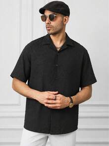 HUEFORM Men's Textured Summer Casual Front Button Short Sleeve Shirt Vacation Black Polka Dot - Black - View 4