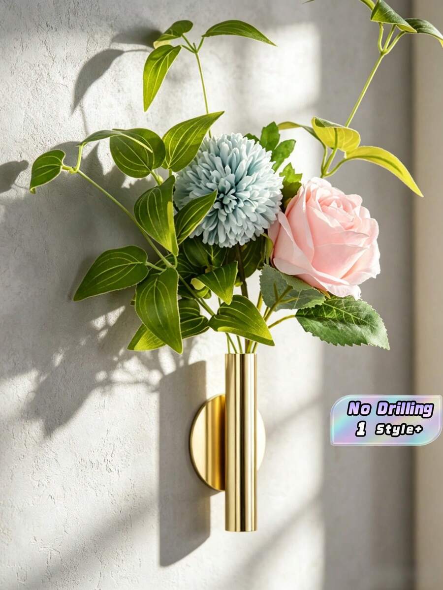 1件墙贴装饰金属花瓶和仿真植物悬挂式花盆,无需钻孔,生日毕业礼物家居装饰房间装饰金属花瓶 - 金色 - 查看 1