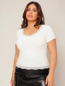 SHEIN BASICS Plus Size Summer Casual Solid Color Lace Trim T-Shirt Gym Brown - White - View 5