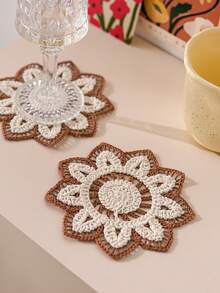 SHEIN 1Pc/2pcs/4pcs Flower Shape Embroidery Beige Apricot Coaster Embroidery Process Anti-Crochet Process, Pastoral, Natural, Retro, Contrasting Color Coffee Coaster Thermal Insulation Pad Thermal Insulation Layer Protects The Desktop - Multicolor - View 3