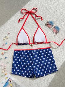 Swim Vcay New Spring/Summer Multicolor Red & White Striped Star Print Halter Bikini & High Waist Shorts Set, Fashionable Swimwear For Party, Cruise, Vacation - Multicolor - View 2