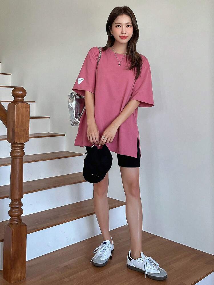 Women's Solid Color Round Neck Loose Casual Split Hem Short Sleeve T-Shirt
