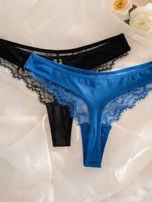 SHEIN Set de 5 bragas tipo tanga de tela acanalada con aplicaciones de encaje - Multicolor - View 6