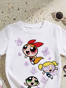 THE POWERPUFF GIRLS X SHEIN GraphicGems Áo thun ngắn tay cổ tròn họa tiết hoạt hình dễ thương cho bé gái, thích hợp mặc mùa hè. - Nhiều màu - Xem 4