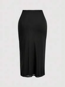 SHEIN MOD 大尺碼黑色局部印花A字裙、黑色直筒裙，百搭度假穿搭，優雅浪漫印花 - 黑色 - 查看 2