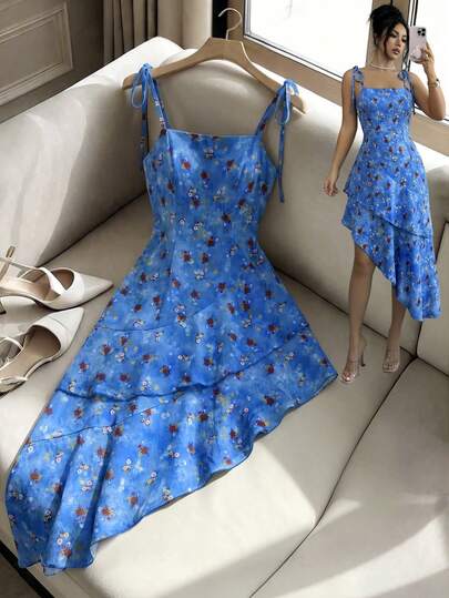 SHEIN Franclia 女士碎花荷叶边无袖连衣裙