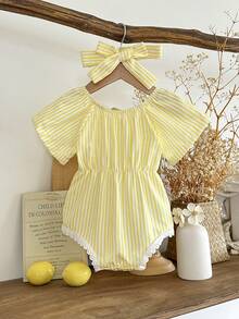 SHEIN Pelele casual de manga raglán a rayas para bebé niña - Amarillo - Ver 2