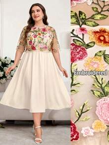 Reflora Plus Size Embroidered Sheer Patchwork A-Line Dress, Evening Gown - Apricot - View 1