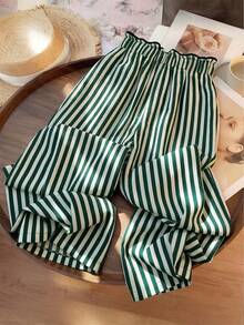 EMERY ROSE Plus Size Striped Casual High Waist Slimming Straight Leg Pants, Suitable For Summer Outfit Fall - Green - View 2