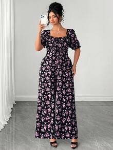 SHEIN Clasi Plus Size Women Ditsy Floral Short Sleeve U-Neck Casual Elegant Jumpsuit Vacation Black And White Summer - Black - View 5