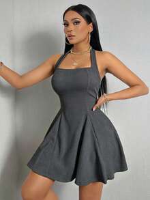 VaVaBold Women's Summer Minimalist Solid Color Backless Halter Neck Short Dress - Dark Grey - View 5
