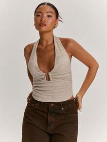 SHEIN BAE Women's White Summer Sexy Chic Club Golf Night Metal Button Backless Camisole Textured Knit Top Party Outgoing Cashmere Sweater Cute Top - Brown - View 4
