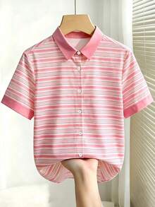 INAWLY Pink And White Striped Casual Shirt For Summer Back-To-School School - Pink - View 6