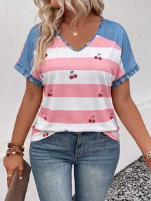 Plus Size Cherry Print Striped V-Neck T-Shirt, Denim Patchwork Raglan Sleeve Casual Top For Women - Multicolor - View 4