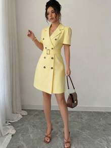 SHEIN Raffinéa Vestido con cuello, cintura ceñida, doble botonadura y mangas abullonadas - Amarillo - Ver 4