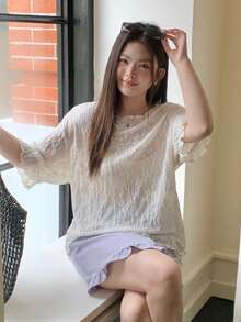 Dazy Plus Women's Wavy Lace Trim Loose Contrast Color Short Sleeve T-Shirt, Elegant Lace Top For Summer Casual Wear - White - View 4