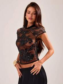 SHEIN BAE Sexy elegantes transparentes schwarzes Top mit Drachenmuster, Perlenstickerei, chinesischem Stil und Spitzen-Patchwork, Damen-Totem-Stickerei für Nachtausgang, Date Night, Sommer - Schwarz - Übersicht 5