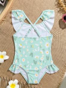 Young Girl Daisy Print Ruffled One-Piece Swimsuit, Elegant And Charming Design Suitable For Swimming - Multicolor - View 2