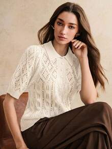 Anewsta Top tricoté vintage pour femmes avec col polo, manches bouffantes ajourées à motif floral, été - Beige - Voir 7