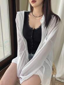 Dazy Star Lace Trim Button Front Tank Top Going Out Tops - Black - View 13