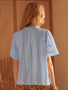 MOTF STUDIO WOMEN'S LYOCELL JACQUARD PATCHWORK BLOUSE WITH FRILL TRIM - Blue - View 7