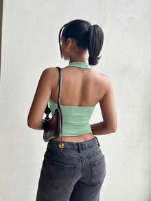 leahseptember Sexy Solid Color Low-Cut Backless Halter Neck Top, Summer Casual - Green - View 4
