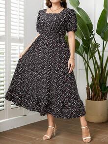 SHEIN Clasi Plus Size Women Summer Casual All-Over Ditsy Floral Square Neck Dress - Multicolor - View 5