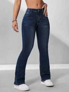 SHEIN ICON Plus Size Women Street-Style Vintage Dark Blue Elastic Jeans - Dark Wash - View 3