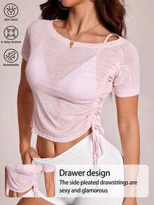 SHEIN Sovereign Charm Women's Solid Color Pleated Casual Versatile Daily Wear & Sports Short Sleeve T-Shirt - Pink - View 1