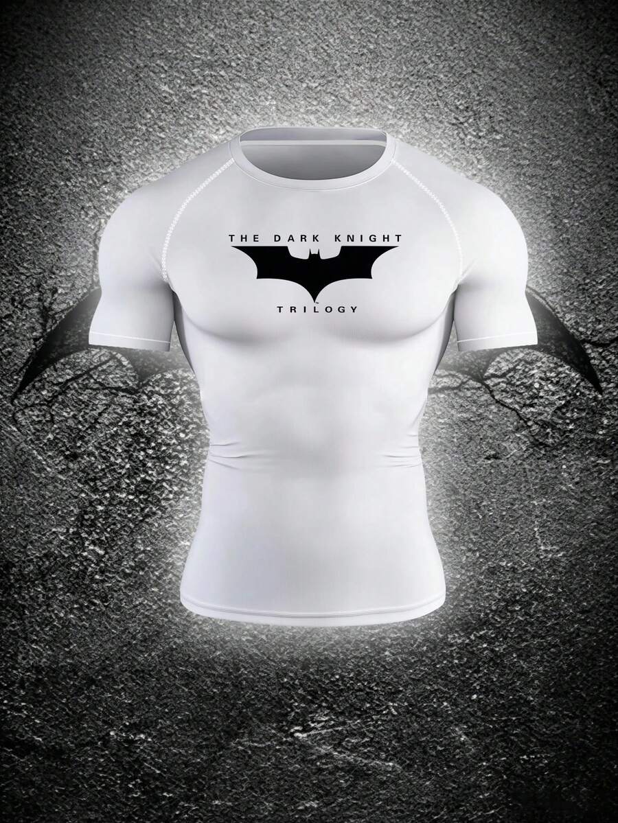BATMAN X SHEIN 男款蝙蝠印花修身短袖運動T恤,健身、度假 - 白色 - 查看 1