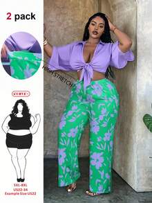 SHEIN CURVE+ Curve Size US22 2件組夏季套裝，鼠尾草綠，優雅度假波希米亞風短版綁腰上衣與直筒長褲套裝，極簡海灘穿搭 - 紫色 - 查看 7