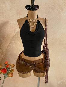 Soleia Spring/Summer New Casual Vacation Western Beach Wedding Guest Attire Graduation Brunch St. Patrick's Day Spring Break Easter Music Festival Elegant Bohemian Tropical Halter Backless Tie Strap Metal Decor Party Valentine's Date Deep V Neck Women Tank Top - Black - View 3