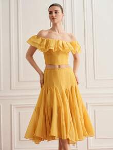 BELROSIE French Elegant Women's Holiday Date Party Mustard Yellow Textured Off-Shoulder Double-Layer Ruffle Trim Top Paired With Layered Flared Hem Skirt Set - Yellow - View 4