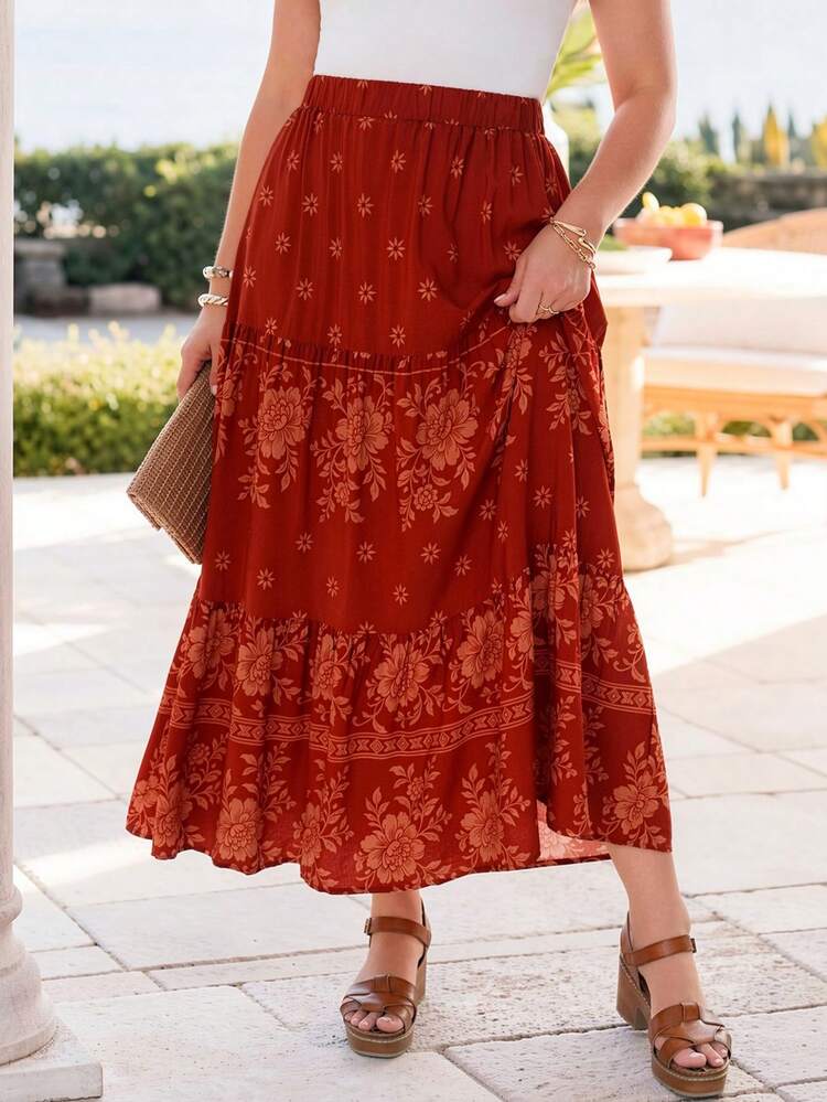 Plus Size Floral Print Casual Skirt