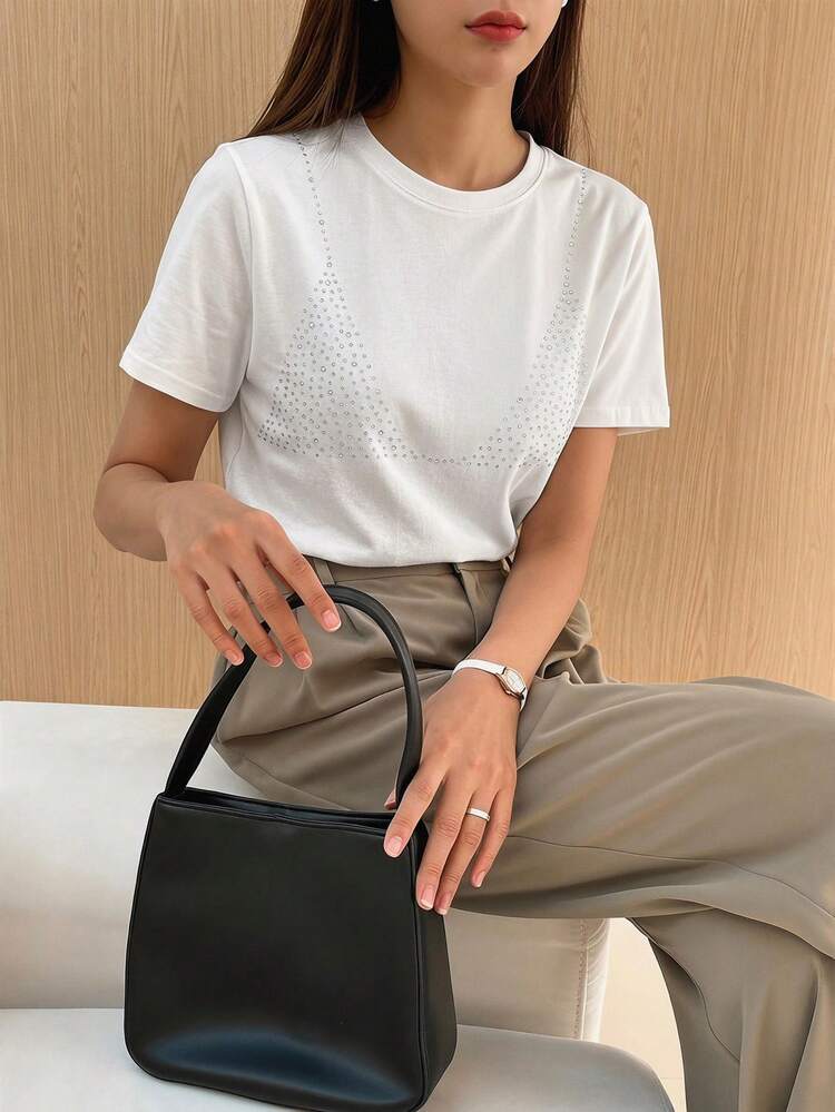 Women's Round Neck Rhinestone Casual Versatile Daily Wear Short Sleeve T-Shirt