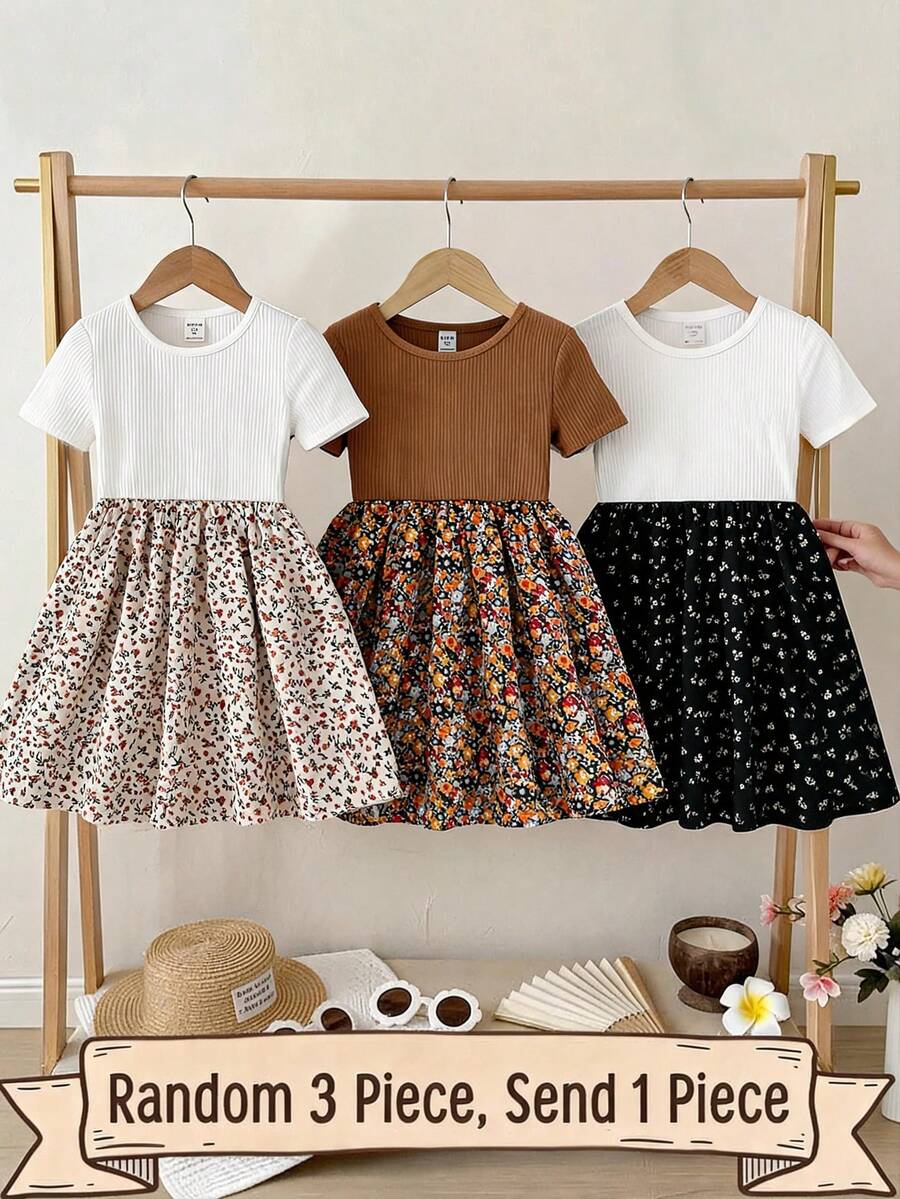 SHEIN 女童罗纹圆领印花拼接短袖连衣裙