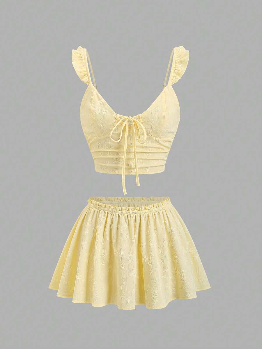 Sweetra Vacation French Style Sexy Romantic Cute Camisole Top And Yellow Mini Skirt Set Beach Brunch Summer - Yellow - View 1