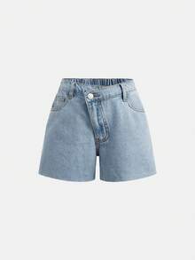 SHEIN Tween Girls Fashion Casual Y2k Vintage Cool Street Light Blue Simple Comfortable Loose Asymmetrical Waistline Denim Shorts For Tween Girl Clothes Tween Girls Dailywear And Tween Girl Spring To Summer Rave Outfits Festival And Outfits Streetwear Clothes Clothes Back To School Clothes Day Time City Break - Blue - View 5