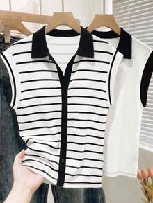 Qadelle New Spring And Summer Fashion, Casual And Simple Commuting Black And White Short-Sleeved Shirt With Contrasting Colors - Multicolor - View 5