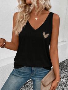 EMERY ROSE Women's Leopard Print Heart Graphic V-Neck Casual Sleeveless Tank Top, New Arrival Spring/Summer - Black - View 3