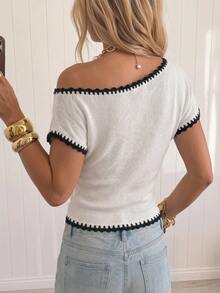 SHEIN EZwear New Minimalist Vacation Shell Trim Contrast Color Casual Light Yellow Gray Asymmetric Collar Knit Top, Spring/Summer Outdoor Vacation Beach Style Top, Essential Spring/Summer Item - Multicolor - View 2